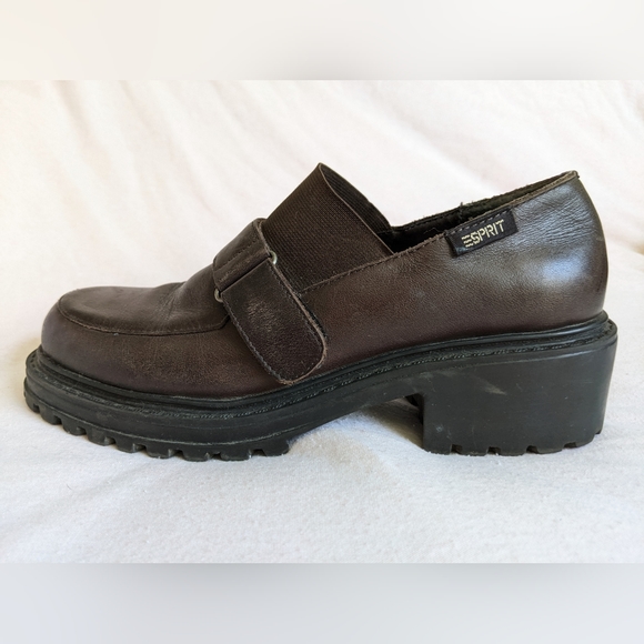Vintage Espirit Y2K chunky brown leather loafers heels 6.5 90s academia platform - Picture 3 of 11